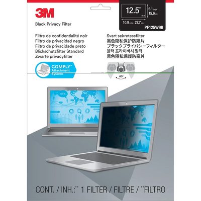 A 3M Black Privacy Filter retail pack for 12.5-inch 16:9 laptops with the COMPLY attachment system badge and a laptop with the filter fitted