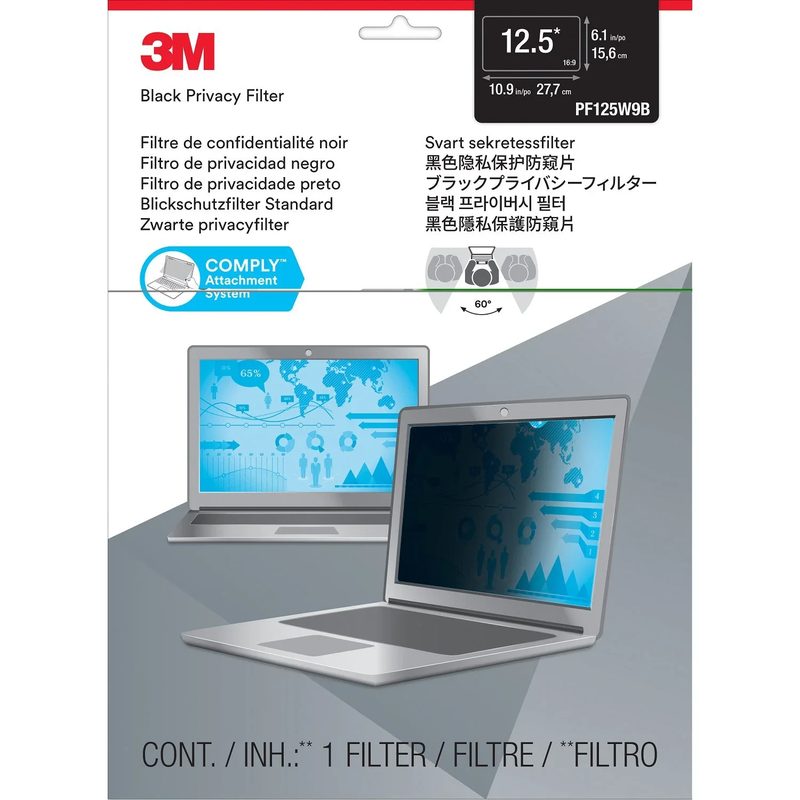 A 3M Black Privacy Filter retail pack for 12.5-inch 16:9 laptops with the COMPLY attachment system badge and a laptop with the filter fitted