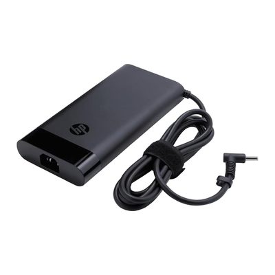 A slim black HP 230W smart AC adapter with a three-pin mains inlet and a cable held by a Velcro strap ending in a slim pin connector