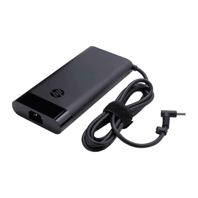 A slim black HP 230W smart AC adapter with a three-pin mains inlet and a cable held by a Velcro strap ending in a slim pin connector