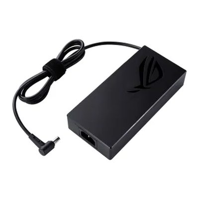 A black ASUS ROG 240W laptop adapter with the ROG logo on the body, a three-pin mains inlet and a coiled DC cable
